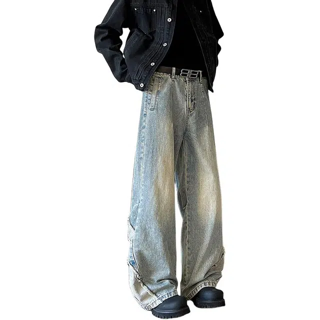 大格子与黑猫 小众解构水洗男春秋季美式复古高街宽松休闲做旧直筒阔腿裤牛仔裤 男女同款
