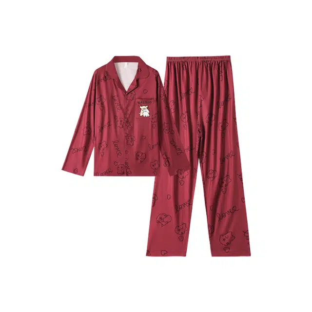 蒄趣 舒适翻领卡通印花宽松可外穿家居服透气亲肤睡衣套装 男款