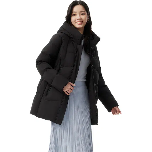 坦博尔 连帽中长款中老年纯色面包常规长袖通勤羽绒服 女款