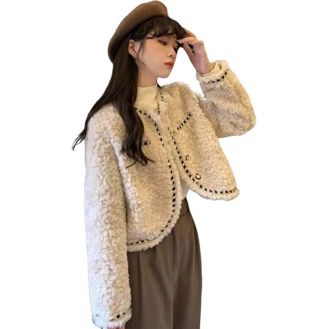 邓大喵 小香风仿羊羔毛毛短外套女秋冬季小个子宽松保暖加厚毛绒上衣皮草 女款
