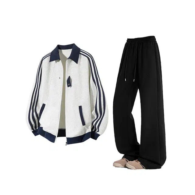 素杭 潮流重磅复古撞色条纹立领开衫卫衣搭配基础纯色百搭微喇长裤两件套潮牌穿搭一整套休闲运动套装 男女同款