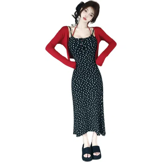 敲模女孩 甜美碎花收腰修身吊带连衣裙配长袖开衫外套裙装套装 女款