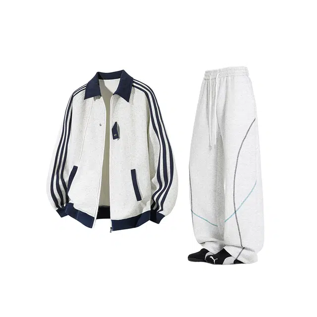 素杭 宽松大码 美式重磅开衫复古撞色条纹立领卫衣搭配设计感松紧腰辑明线阔腿卫裤两件套潮流穿搭一整套休闲运动套装 男女同款