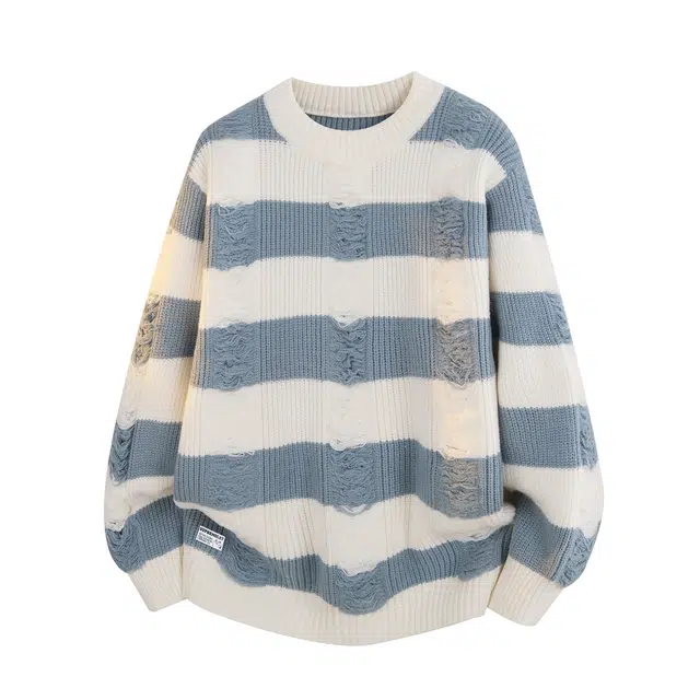 吾皇猫 美式高街流苏破洞条纹撞色设计宽松圆领套头舒适加厚保暖休闲百搭日常通勤打底长袖针织衫毛衣 男女同款
