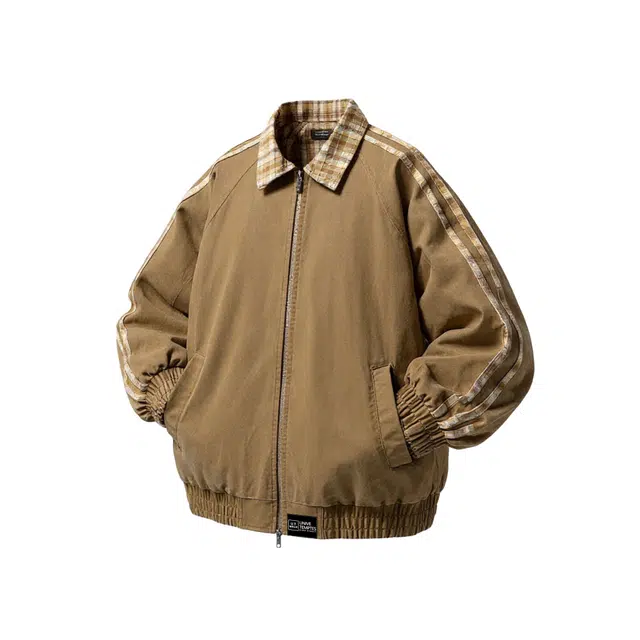 物质公式 美式复古高街格纹拼接翻领两面穿撞色条纹侧边宽松百搭舒适街头嘻哈学院风重磅飞行员教练防风情侣短款底特律夹克外套 男女同款