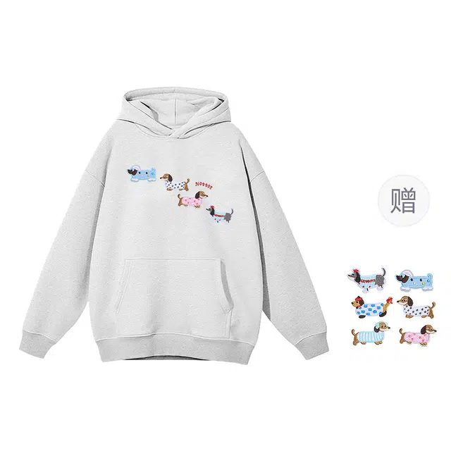 棉购 卡通魔术贴绣花春秋薄款刺绣连帽秋冬加绒加厚学生重磅慵懒风宽松外套卫衣 女款