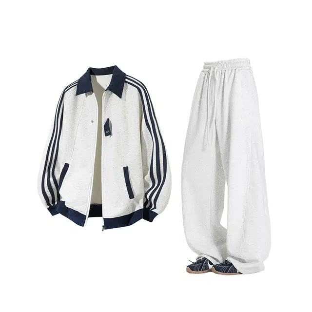 素杭 潮流宽松撞色条纹立领开衫重磅卫衣搭配基础松紧腰直筒卫裤两件套潮牌穿搭一整套休闲运动套装 男女同款