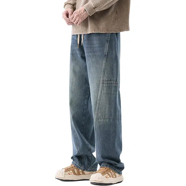 瑞梵帝斯 秋季美式复古高街潮牌拼接水洗做旧大口袋设计宽松柔软舒适亲肤百搭休闲直筒铆钉垂感工装阔腿时尚牛仔裤 男款