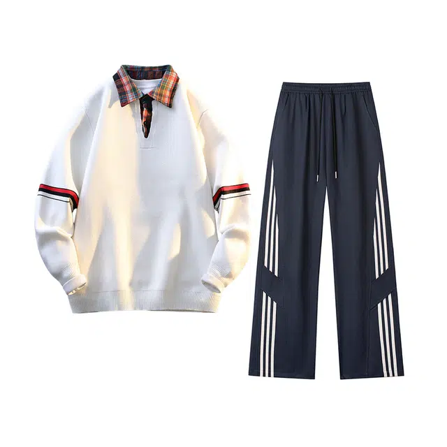 素杭 潮流宽松撞色领条纹针织衫搭配抽绳松紧腰直筒裤两件套潮牌穿搭一整套休闲运动套装 男女同款