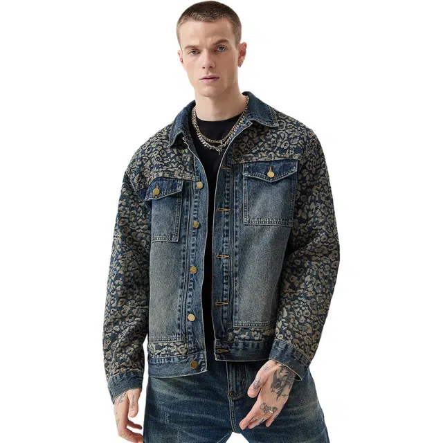 逆腾 秋季提花拼接夹克男美式复古痞帅男士宽松翻领个性牛仔外套 男女同款