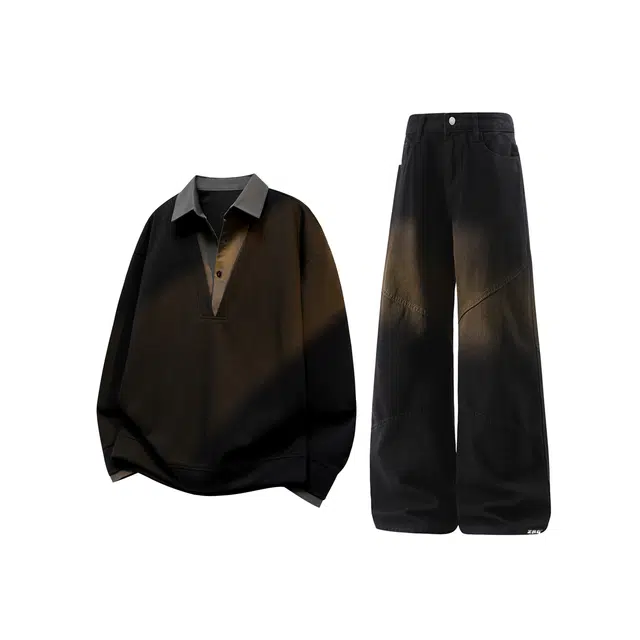 梓润格 复古青春假两件翻领大码衬衫领老钱风上衣美式高街拼接设计宽松高级一穿即走百搭氛围感个性舒适炸街牛仔裤卫衣套装 男女同款