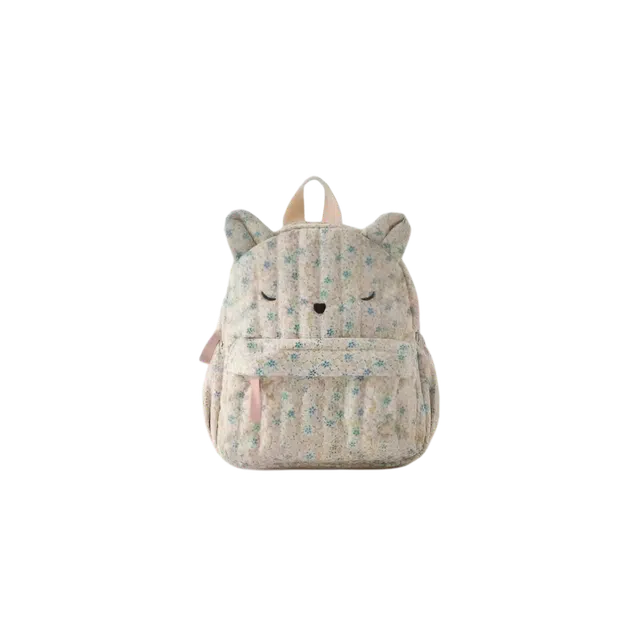 绿野客 小猫碎花背包 可爱儿童书包幼童宝宝动物形 迷你 小清新 帆布 双肩包 小号 白色