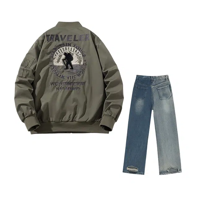 素杭 复古刺绣棒球服可拆卸连帽外套美式高街飞行员夹克帽衫搭配潮牌水洗拼色牛仔两件套休闲运动套装 男女同款