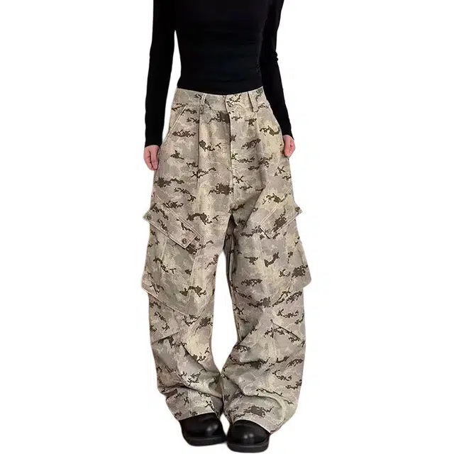 如续 美式复古水洗磨白豹纹弯刀裤小众廓形松弛感宽松阔腿裤子牛仔裤 男女同款