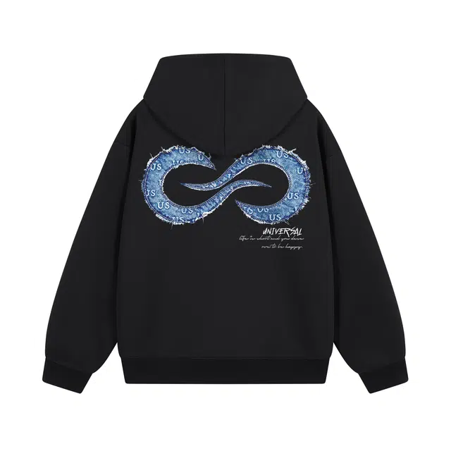 物质公式 美式复古高街仿牛仔质感无限循环字母花卉印花学院风简约时尚基础款宽松百搭休闲运动舒适潮流长袖加绒保暖连帽卫衣外套 男女同款
