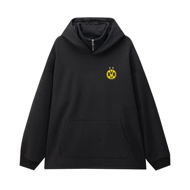 普鲁士多特蒙德 港风宽松运动休闲上衣美式潮流设计感纯色复古连帽领假两件小众社恐人专属穿搭百搭长袖卫衣 男女同款