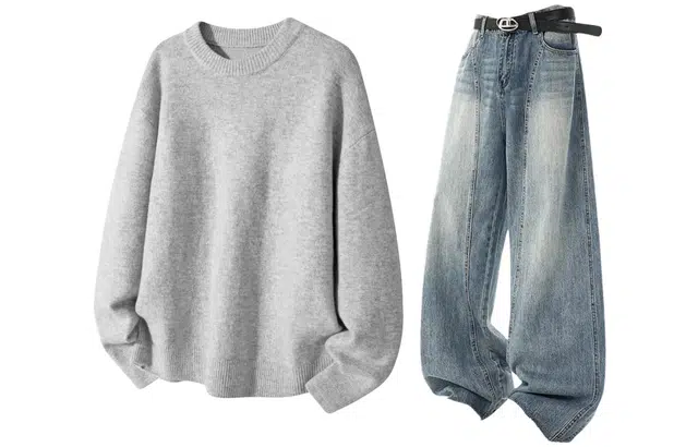 梓润格  基础简约舒适宽松潮搭慵懒感上衣港风痞帅腔调复古毛衣打底水洗高街直筒百搭牛仔长裤设计感弯刀裤休闲运动套装 男女同款