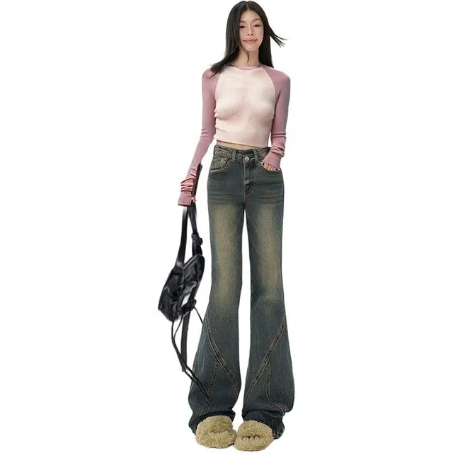 么宁   美式高街微喇做旧设计感高腰显瘦宽松牛仔裤 女款