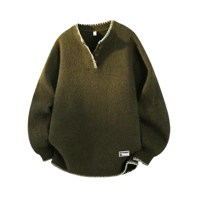 普鲁士多特蒙德 美式复古百搭高级感羊毛衫春秋季慵懒风潮牌软糯舒适宽松亨利领拼接打底衫套头长袖针织衫 男女同款