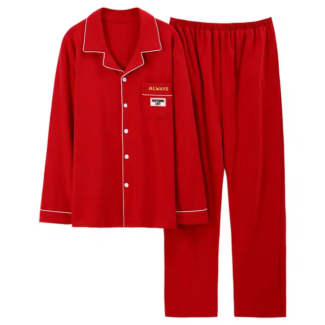 吾皇猫 翻领纯色舒适家居长袖长裤睡衣套装 男款