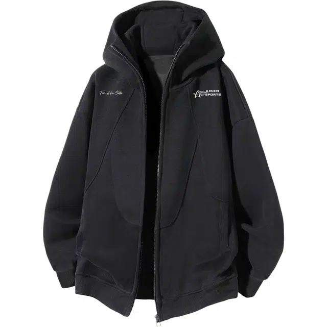 爱肯 美式复古潮牌结构拼接字母印花小众设计春秋宽松简约日常慵懒舒适百搭情侣连帽卫衣 男女同款