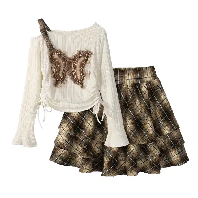 望莱仕 秋季长袖上衣蓬蓬半身短裙两件纯欲风蝴蝶露肩女格纹蛋糕裙子裙装套装 女款