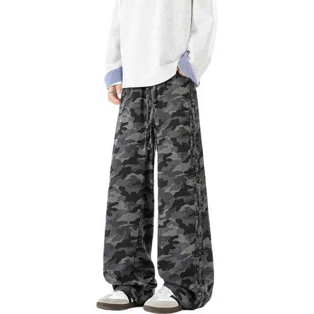 瑞梵帝斯 秋季复古迷彩工装休闲潮牌宽松舒适百搭显高美式弹力中腰垂感显瘦水洗做旧高街基础款废土时尚牛仔裤 男款