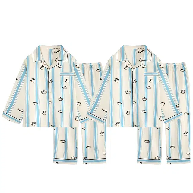 俏韵 翻领卡通条纹印花春秋季长袖长裤甜美可爱舒适家居服可外穿睡衣套装 男女同款
