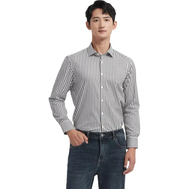 古鲨 竖条纹时尚高级商务通勤休闲修身长袖衬衫 男款