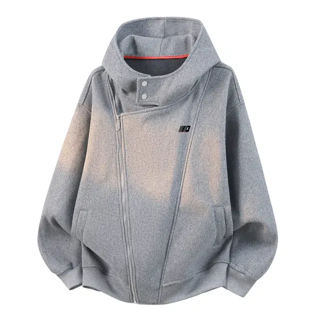普鲁士多特蒙德 美式复古双拉链廓形空气层不规则设计感帽衫重磅简约高级感潮牌时尚通勤百搭加厚保暖连帽呢子夹克 男女同款