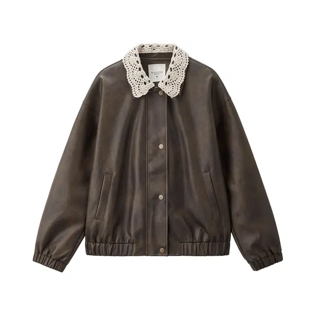 佐丹奴 擦色皮软皮外套拼接蕾丝翻领皮衣 女款