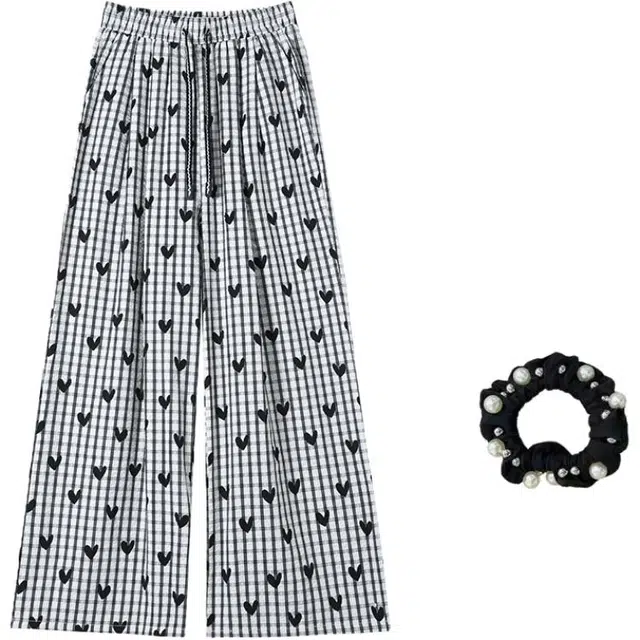 雾闪闪 黑白格纹爱心印花阔腿裤女高腰抽绳直筒裤休闲裤 女款