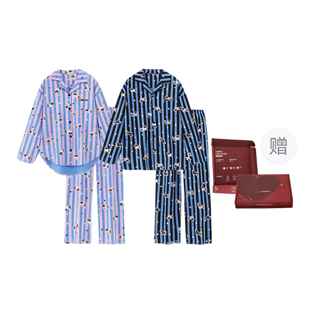 静英鸾 秋季翻领条纹腊肠狗甜美风休闲舒适可外穿家居服睡衣礼盒 男女同款