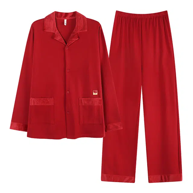 俏霓桐 翻领亲肤长袖长裤家居服可外穿睡衣套装 男女同款