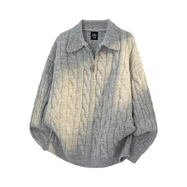 吾皇猫 老钱风慵懒高级感粗麻花半开领拉链设计舒适宽松潮流百搭加厚保暖休闲通勤打底长袖针织衫毛衣 男女同款