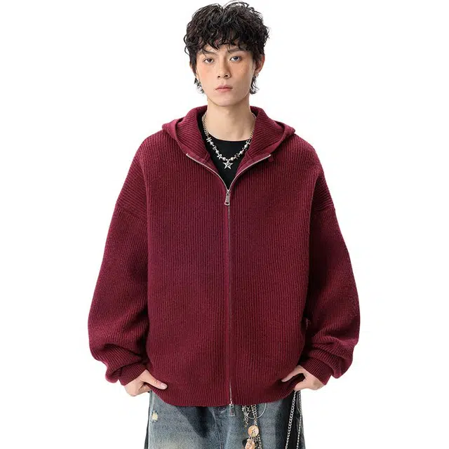 马员外 开衫美式双拉链宽松连帽舒适百搭针织衫 男款