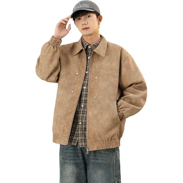 左岸 青少年美式时尚潮牌铆钉高街百搭开衫翻领上衣加肥加大码简约休闲宽松舒适春秋季夹克外套皮衣 男款