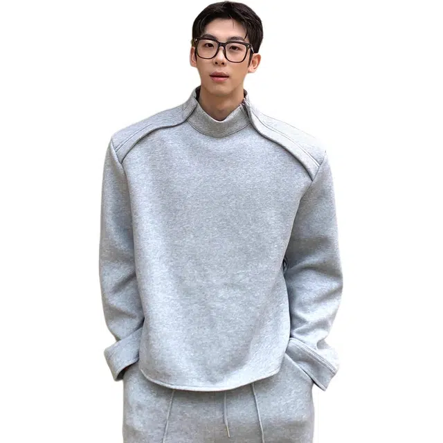 徐百货 韩版高街潮流立领侧边拉链垫肩设计感宽松长袖上衣春秋季痞帅简约高级感百搭卫衣 男女同款