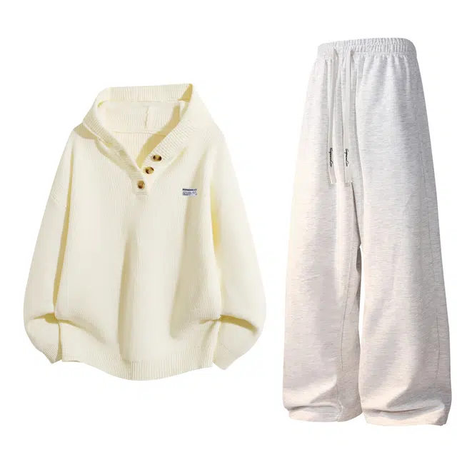 吾皇猫 韩系高级感条纹连帽三粒扣针织衫纯色宽松百搭直筒抽绳系带舒适休闲运动套装 男女同款
