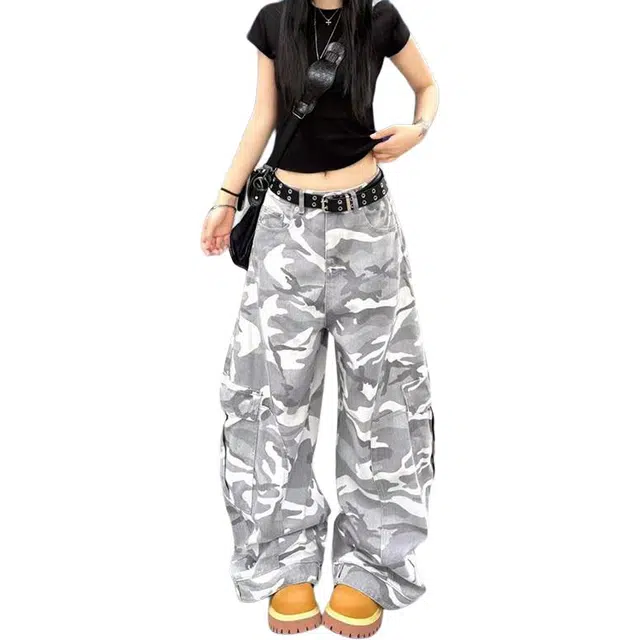 如续 中性秋冬高街迷彩裤大码工装裤潮牌宽松百搭直筒阔腿弯刀裤牛仔裤 男女同款
