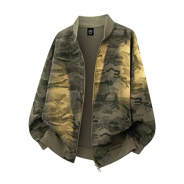 吾皇猫 美式复古高街潮牌迷彩高级感棒球领双拉链设计时尚痞帅飞行员教练宽松百搭休闲户外通勤夹克 男女同款