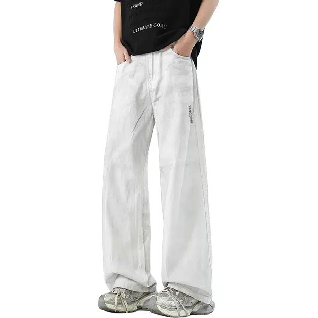 洋气先生 高街美式复古潮流高品质休闲百搭直筒阔腿水洗做旧宽松纯色经典时尚纯净显高显瘦弹力潮牌个性垂感舒适长款牛仔裤 男女同款