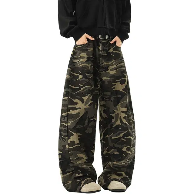 如续 美式复古高街风设计感拖地阔腿长裤百搭慵懒风宽松直筒牛仔裤 男款