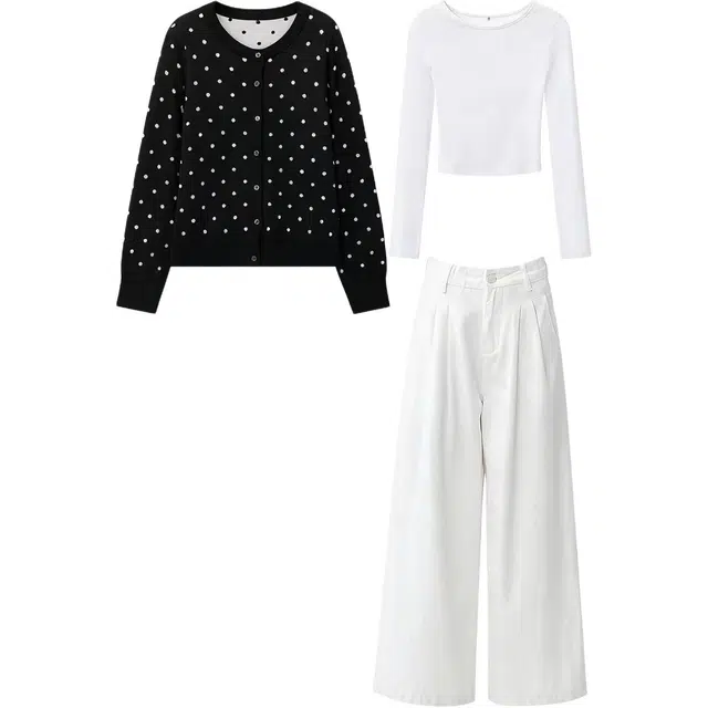 柏黛妃 韩系早秋季氛围感穿搭波点针织开衫上衣女短款毛衣小外套休闲套装 女款