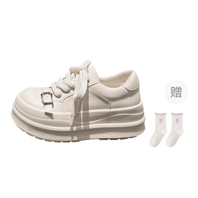 乐乐鱼 金属扣大头系带厚底松糕面包鞋休闲小个子 增高 低帮 板鞋 女