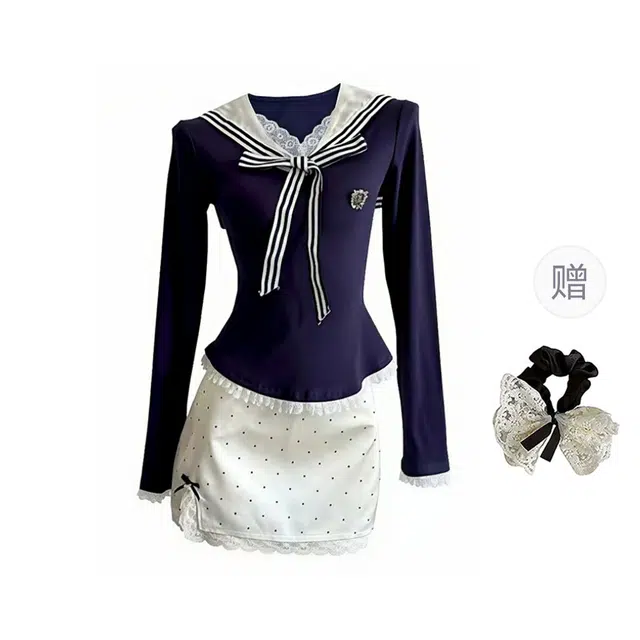 涂诗菲 韩系文艺风优雅高级感气质时尚小众设计感慵懒风条纹撞色两件套裙装套装 女款