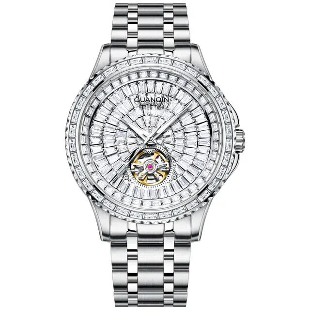 冠琴 满天星钻表系列 镶钻潮流商务手表 自动机械机芯 钢表带 国表 男表 白色表盘 防水腕表