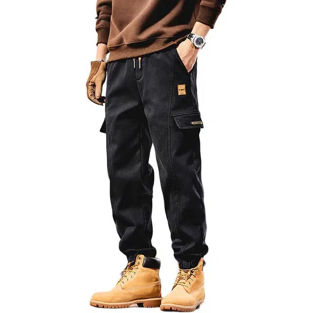 协协乐 美式复古工装战术裤拼接设计氛围感秋冬季加绒加厚宽松哈伦九分裤潮牌青少年弹力抽绳百搭痞帅运动长裤休闲裤 男款