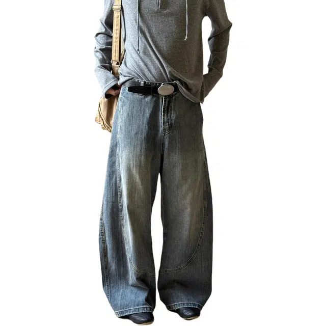如续 美式复古竹节纹理廓形拼接水洗个性弯刀长裤潮流百搭宽松阔腿牛仔裤 男款