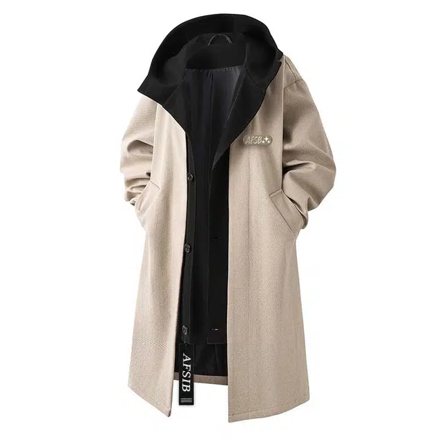 艾梵斯贝 高品质轻奢假两件层次感时尚简约纯色拼接设计款连帽休闲商务绅士日常通勒百搭英伦风单排扣中长款情侣款大衣 男女同款